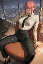 1girl ai_generated bangs black_footwear black_neckwear black_pants blush boots braid braided_ponytail breasts business_suit chainsaw_man chair collared_shirt formal hi_res high_quality high_resolution looking_at_viewer makima_(chainsaw_man) medium_breasts medium_hair necktie office_lady pants patreon ringed_eyes savvyraexo seductive sexy shirt shirt_tucked_in sitting solo suit thighs uncensored watermark white_shirt yellow_eyes