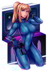 absurdres adapted_costume areolae bedroom_eyes blonde_hair blue_eyes bodysuit bracelet breasts female female_only firearm handgun highres human iahfy looking_at_viewer metroid mole nintendo pale_skin samus_aran skin_tight solo weapon wristwear zero_suit zero_suit_samus