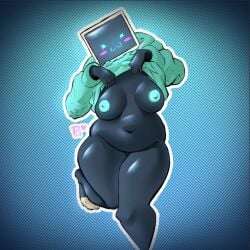 :3 ankle_socks background big_ass big_breasts big_butt black_body blue_eyes blush breasts curvy curvy_figure curvy_hips cyan_eyes cyan_hoodie cyan_nipples feet heart_symbol hoodie hoodie_only minbitt on_one_leg pastelhaze paw_socks self_upload shirt_lift socks solo solo_female thick_thighs thighs tv tv_head youtube youtuber youtuber_girl