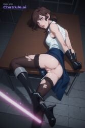 1girl after_rape ai_assisted ai_generated ass bent_knees black_boots black_choker black_gloves black_suit brown_hair brown_pants castlevania_nocturne crying detailed dynamic_angle dynamic_pose empty_eyes fighting_stance flat_colors from_above from_side full_body hands_tied_behind_back high_heels jewelry laying_on_back laying_on_desk legs_spread looking_at_viewer male_pov no_jacket office_background panties_pulled_aside pencil_skirt purple_eyes running_makeup short_hair sleeveless_shirt solo stockings tears_in_eyes wet_pussy white_shirt