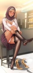 ai_assisted ai_generated cleavage dressing dressing_room female hijab hijabi panties pantyhose pantyhose_pull tanned tanned_female tanned_skin