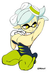 1girls armpit artist_name big_breasts brekkist cleavage clothed earring female female_only gloves green_stockings large_breasts marie_(splatoon) orange_pupils pointy_ears simple_background smile solo splatoon squid_sisters tentacle white_background yellow_eyes yellow_iris