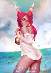 ass bikini breasts cleavage fainxel female female_only league_of_legends looking_at_viewer looking_back solo xayah