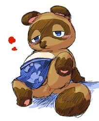 2018 animal_crossing anthro anus apron ass blush brown_fur canine fur furry heart male male_only mammal nintendo penis poking_out sakusan_kc simple_background slightly_chubby solo tanuki testicles tom_nook white_background