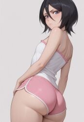 1girls ai_generated below_view big_ass black_hair bleach camisole flat_chest kuchiki_rukia looking_back petite purple_eyes round_ass short_hair shorts sleeveless thick_thighs topwear
