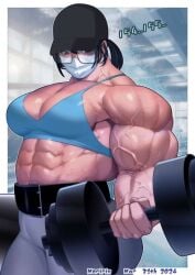 1girls abs arms bikini black_hair bodybuilder dumbbell face_mask female glasses hat moririn muscle_mommy muscular muscular_female original_character vein