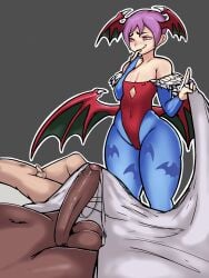 1girl 2boys aged_down bare_shoulders blue_gloves blush cameltoe capcom clothed_female_nude_male collarbone covered_erect_nipples covered_navel cuck cuckold curvy_figure dark-skinned_male dark_skin darkstalkers demon_girl demon_wings elbow_gloves erection feet_out_of_frame flat_chest fur-trimmed_leotard fur_trim gloves glowing grey_background hands_up head_wings hetero humiliation hummerh194 index_finger_raised large_penis laughing leotard lilith_(darkstalkers) low_wings multiple_boys ntr nude pantyhose parted_lips penis pink_eyes purple_hair red_leotard short_hair simple_background small_penis small_penis_humiliation smile smug solo_focus standing strapless strapless_leotard testicles thick thick_ass thick_legs thick_thighs thighs uncensored very_dark_skin wide_hips wings