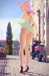 1girls 3d ass back big_ass blonde_hair breasts cakeofcakes clothed dress female_only hat high_heels human mercy outdoors overwatch sundress sunglasses text watermark