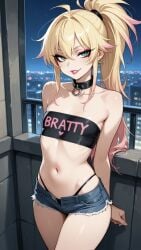 1girls ai_generated athletic athletic_female bare_shoulders black_topwear blonde blonde_female blonde_hair blonde_hair_female brat bratty choker city city_background clothed clothed_female clothing collar collarbone commentary_request confident earrings eyelashes female female_focus flat_chest flat_chested gradient_hair green_eyes hair heart heart_symbol hotpants jeans_shorts lia_the_busty_redhead lipstick long_eyelashes makeup midriff multicolored_hair nail_polish night open_pants open_shorts original original_character outdoors outside painted_nails petite petite_body petite_female pink_hair_tips ponytail print_shirt seductive seductive_look seductive_smile self_upload shorts skinny slutty_female small_breasts smile smiling smiling_at_viewer solo_female standing strapless tagme text thighs thong thong_straps tight_clothing topwear tubetop