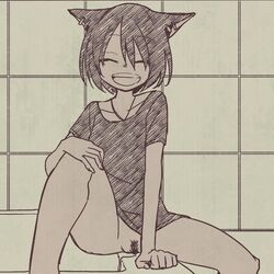 after_sex animal_ears bottomless cat_ears closed_eyes cum cum_in_pussy female female monochrome ootorii_bisetsu open_mouth original pubic_hair short_hair smile solo