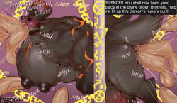 abs anal anal_penetration angry anthro anthro_penetrated anus back_hair back_muscles balls beard big_balls big_butt big_muscles big_nipples big_pecs big_penis black_sclera blush bodily_fluids body_hair bovid butt butt_hair caprine caprine_demon chain chest_hair cross-popping_vein demon dialogue drooling ear_piercing english_text facial_hair facial_scar fire gangbang genitals goat_demon group group_sex growling hairy_balls hi_res horn huge_pecs huge_penis long_tail male male_penetrated mammal merong multiple_penetration muscular muscular_arms muscular_male nipples occult_symbol oral oral_penetration pecs penetration penis piercing profanity restrained saliva scar sex sigil simple_background sound_effects submissive submissive_male sweat symbol tail tail_hair text through_wall vein veiny_arms veiny_penis