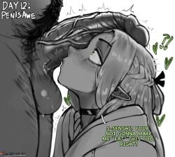 !? 1boy 1girl alphamob200x artist_name braid choker commentary dungeon_meshi elf english_commentary english_text erection girthy_penis green_eyes hair_ribbon heart hetero highres hood hood_down large_penis long_hair looking_up male_pubic_hair marcille_donato penis penis_awe penis_rest pointy_ears pubic_hair ribbon saliva senshi_(dungeon_meshi) simple_background spot_color testicles veins veiny_penis web_address wide-eyed