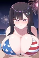 ai_generated beach bikini black_hair female female_only huge_breasts long_hair nozomi_(akitokage01) paizuri schoolgirl tsundere
