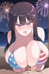 ai_generated beach bikini black_hair female female_only huge_breasts long_hair nozomi_(akitokage01) penis schoolgirl tsundere