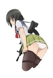 >_< 1girls :3 animal_print ass assault_rifle black_hair black_pantyhose blush bullpup closed_eyes clothes_pull cropped_legs crotch_seam dressing flashlight from_behind green_skirt gun highres hu_sea long_hair looking_back panties pantyhose pantyhose_pull pantyshot pleated_skirt ponytail print_panties purple_eyes qbz-95 qbz-95_(upotte!!) rabbit rabbit_panties rabbit_print rifle school_uniform scope serafuku short_sleeves simple_background skirt solo strap tactical_light tagme thighband_pantyhose underwear upotte!! upskirt weapon white_background white_panties