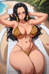 1girls ai_generated armpits arms_up beach big_breasts bikini black_hair blue_eyes boa_hancock bra breasts curvy curvy_female curvy_figure deck_chair female one_piece slim_waist solo solo_female thick thick_thighs thighs underwear waifuinvoker waist