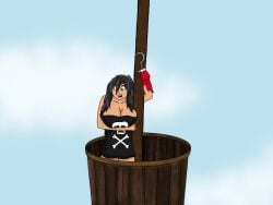 black_hair captain_hook cleavage comeuppance covering covering_privates covering_self covering_with_object damsel_in_distress daytime disney_villains embarrassed_naked_female embarrassed_nude_female exterior fair_skin flag flag_(object) genderswap_(mtf) green_eyes hair_over_one_eye hook hook_hand indecentlasses jolly_roger long_hair mshook naked nude peter_pan_(disney) pirate_girl pirate_ship rule_63 villainess