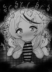 1boy 1girls animal_ears bare_shoulders big_penis black_and_white blue_archive blush censored dark-skinned_male dark_skin detailed_background drooling eyelashes fellatio female heart humanoid indoor inside interspecies kokona_(blue_archive) kurotama long_hair looking_at_viewer male male_pov one-piece_swimsuit oral oral_sex penis plum_blossom_garden_(blue_archive) room saliva shanhaijing_secondary_school_student shiny shiny_skin sketch sound_effects squatting sweat text tongue tongue_out vein veins veiny veiny_penis