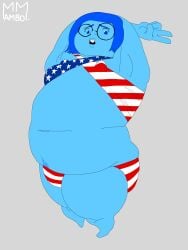 1girl 1girls 4th_of_july american_flag_bikini armpits arms_behind_head arms_up belly belly_button belly_overhang big_belly blue_body blue_hair blue_skin chubby chubby_female female_only glasses happy_trail inside_out inside_out_2 mambo_master peace_sign sad sadness_(inside_out) small_breasts swimsuit