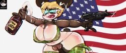 4th_of_july american_flag anthro ass big_ass big_breasts bikini blonde_hair camouflage curvy female furry green_bikini gun holding_bottle holding_gun huge_breasts large_breasts large_butt micro_bikini nude panda_girl praya_the_panda pussy saints_row shortstack sweat thick_thighs urbanica weapon wide_hips