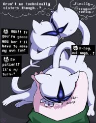 3_eyes 3_heads 3_toes animal_ears anthro bestiality bodily_fluids bottomless bovid canid canid_demon canine caprine cerberus cloak clothed clothing clover_(deltarune) darkner deltarune demon dialogue duo english_text european_mythology feet fellatio fellatio_from_feral female female/female feral fur goat gobershmat greek_mythology hellhound incest_(lore) kissing long_neck long_tail looking_at_self mammal multi_eye multi_head multi_head_kiss mythological_canine mythological_creature mythology oral paws penile ralsei round_head saliva sex sibling_(lore) simple_background sister_(lore) sisters_(lore) speech_bubble sweat tail text toes trans_(lore) trans_woman_(lore) triplets_(lore) twincest_(lore) twins_(lore) undertale_(series)