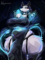 2026 5_fingers absurd_res anthro arhymerous artist_name big_breasts big_bulge biped black_clothing black_eyebrows black_eyeshadow black_legwear black_lipstick black_thigh_highs blue_claws blue_tail breasts bulge claws clothed clothed_anthro clothed_gynomorph clothing cord_tail darkner deltarune detailed_bulge digital_drawing_(artwork) digital_media_(artwork) eyebrows eyelashes eyes_closed eyeshadow felid finger_claws fingers floating_hands fur garter_belt garter_straps genital_outline genitals glowing gynomorph gynomorph_anthro half-erect hi_res intersex intersex_anthro legwear lipstick machine makeup mammal nun nun_outfit penis penis_outline red_cheeks robot robot_anthro solo standing tail tasque_manager text thick_thighs thigh_highs undertale_(series) white_body white_fur