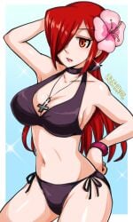 1girls big_breasts bikini black_bikini black_swimsuit breasts breasts_out exposed_breasts female large_breasts long_hair parasoul red_eyes red_hair skullgirls swimsuit
