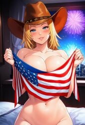 4th_of_july ai_generated american_flag blush covering_breasts huge_breasts seductive_smile tina_armstrong