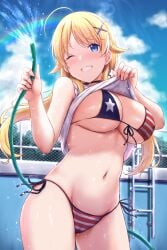 1girls ahoge american_flag american_flag_bikini american_flag_print bikini blonde_hair blue_eyes blue_sky blush breasts cai_geng cleavage clothes_lift flag_print flag_print_bikini grin hachimiya_meguru hair_ornament hairclip highres hose idolmaster idolmaster_shiny_colors large_breasts long_hair looking_at_viewer low_twintails navel one_eye_closed print_bikini shirt_lift sky smile solo swimsuit thighs twintails water wet