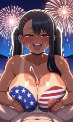 1boy1girl 4th_of_july ai_generated areolae asian_female beach beach_background blush blushing bodypaint bouncing_breasts breast_squeeze brown_eyes cheering cum cum_between_breasts cum_on_breasts cum_on_face cumshot cute dark-skinned_female fireworks flag_print hayase_nagatoro hi_res high_resolution huge_breasts large_breasts looking_at_viewer looking_pleasured naked night_sky nipples paizuri paizuri_lead_by_female pigtails please_don't_bully_me,_nagatoro public_nudity raised_eyebrows shiny_skin shortstack smiling tanline tanlines tanned_skin titjob