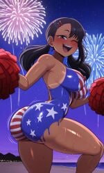 4th_of_july ai_generated areolae armpits arms_up asian_female beach beach_background blush blushing bodypaint bouncing_breasts brown_eyes bubble_butt cheering cute dark-skinned_female fireworks flag_print hayase_nagatoro hi_res high_resolution large_breasts medium_breasts naked night_sky nipples paint painted_breasts painted_butt pigtails please_don't_bully_me,_nagatoro plump_ass pom_pom_(cheerleading) pom_poms public_nudity shiny_skin shortstack smiling tanline tanlines tanned_skin thick_thighs wink