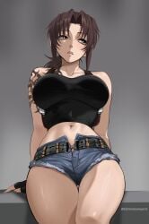 absurdres arm_tattoo belt black_belt black_gloves black_lagoon black_tank_top breasts brown_eyes brown_hair crop_top cutoffs denim denim_shorts female fingerless_gloves gloves grey_background harutoyumaarts highres large_breasts long_hair looking_to_the_side midriff navel open_fly parted_lips ponytail revy revy_(black_lagoon) short_shorts shorts sideways_glance simple_background solo stomach tank_top tattoo thighs_grab