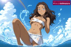 ai_assisted ai_generated avatar_the_last_airbender bikini blue_eyes blue_sky blush breasts brown_hair cameltoe closed_mouth cloud covered_nipples dark-skinned_female dark_skin day female female_only katara long_hair looking_at_viewer medium_breasts navel nickelodeon nicktoons outdoors rainbow sarong sky solo stelmazura swimsuit tube_top underboob water wet white_bikini