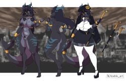 absurd_res abysskin anthro belt beret big_breasts black_hair black_nipples blue_horn blue_markings bottomwear breasts cane claws clothing eyewear female finger_claws genitals glasses gold_(metal) gold_jewelry hair hat headgear headwear hi_res horn jewelry legwear markings model_sheet multicolored_body nipple_piercing nipples piercing pubes shark_tail shirt skirt solo solo_focus themis_mimeti thick_thighs thigh_highs toe_claws topwear toshik22 tuft two_tone_body vulva