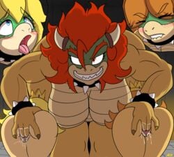 3girls alternate_species ass blonde_hair blue_eyes blush bowser bracelet breasts brown_hair closed_eyes collar crown curved_horn female female_bowser female_only finger_fuck fingering genderswap_(mtf) green_skin hair indoors jewelry koopa long_hair looking_at_another looking_pleasured mario_(series) multiple_girls nintendo princess_daisy princess_koopa princess_peach pussy pussy_juice red_eyes rule_63 scalie smile spiked_collar spikes teeth tongue tongue_out vaginal_penetration video_games xerlexer yuri