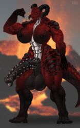 5_fingers 5_toes animal_genitalia animal_penis anthro areola balls big_breasts big_penis black_balls black_eyes black_nipples black_penis black_sclera bondage breasts claws clothing demon equine_genitalia equine_penis feet fingers futanari genitals glistening glistening_body grey_body grey_scales hi_res hilloty horn huge_breasts huge_cock hyper intersex legwear lips lizard looking_at_viewer metal mouth_closed muscular muscular_anthro muscular_futa muscular_intersex nipples non-mammal_balls non-mammal_breasts non-mammal_nipples penis red_body red_scales reptile scales scalie shaft_divide solo spiked_penis spikes spikes_(anatomy) standing tail thick_lips thigh_highs toes vein veiny_penis wide_hips