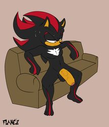 anthro artist_name balls barefoot big_penis black_balls black_fur black_hair black_nose casual casual_nudity chest_tuft couch feet flamez foreskin hedgehog huge_cock large_penis legs male male_only mammal navel nude penis red_eyes sega shadow_the_hedgehog signature simple_background sitting sofa solo sonic_(series) sweat sweatdrop tank_top thick_penis thighs tuft two_tone_hair uncut vein veiny_penis