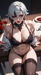 1girls ai_generated arlecchino_(genshin_impact) black_lingerie bra breasts clothing dominatrix female genshin_impact lingerie looking_at_viewer looking_up panties sitting stockings