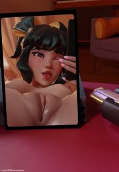 3d :p bed black_hair breasts dark_hair fearless_juno female gun holding_phone juno_(overwatch) le_sserafim nails naked nipples nude overwatch overwatch_2 phone pussy pussy_focus selfie spreading_legs tongue tongue_out wink winking