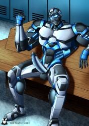 1boy bara big_dick big_penis black blue blue_eyes cleatus_the_fox_sports_robot digital_media_(artwork) dressing_room ejaculation erect erect_nipples erection flaccid football_gear football_helmet fox_corporation fox_sports gay gay_sex hi_res huge_cock humanoid humanoid_genitalia locker_room male male_focus male_only mascot mecha muscular nfl penis robot robot_humanoid robotic_penis sitting sitting_on_chair solo solo_focus text thewanktuary watermark white yaoi