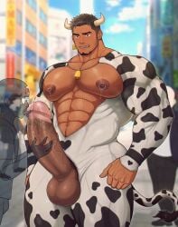 bara bara_tiddies bara_tits big_areola big_pecs bovine cow_ears cow_horns cow_print cowbell cum cumming dark-skinned_male exhibitionism gay gay_male gay_sex male male_lactation male_only masturbation milk milking muscles muscular muscular_male nipple_piercing nipples penis pierced_nipples piercing toto_(artist) touching_penis