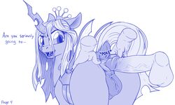 2018 alicorn anatomically_correct anatomically_correct_pussy animal_genitalia animal_pussy anus changeling clitoris crown dialogue disembodied_hands disembodied_penis dock english_text equine equine_pussy faceless_male fangs female female_focus feral friendship_is_magic hair highres horn horse human human_on_feral interspecies looking_back male male_human/female_feral male_on_feral mammal mare monochrome my_little_pony nude offscreen_character penis pony precum prodding pusspuss pussy queen_chrysalis_(mlp) simple_background solo_focus spread_anus spreading straight text tongue urethra vulva white_background wings zoophilia