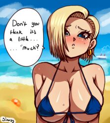 1girls android_18 bikini blonde_hair blush breasts cleavage dragon_ball dragon_ball_z female female_only huge_breasts looking_at_viewer shounen_jump simmsy solo speech_bubble text