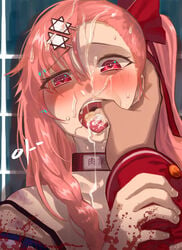 absurdres after_oral after_sex bang5410 bare_shoulders blood blush bow braid bruise collar collarbone cum cum_in_mouth cum_on_hair cum_on_tongue cumdrip drooling eyebrows eyebrows_visible_through_hair eyelashes facial female finger_in_mouth fingernails girls'_frontline hair_ornament hairbow hairclip half-closed_eyes heart heart-shaped_pupils highres injury long_hair looking_at_viewer negev_(girls_frontline) off_shoulder open_mouth pink_hair red_eyes saliva shiny shiny_hair side_ponytail solo_focus sweatdrop symbol-shaped_pupils teeth tongue tongue_out