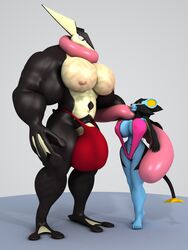 2016 3d abs alternate_color amphibian anthro anthroanim biceps big_breasts breasts bulge cleavage clothed clothing digital_media_(artwork) duo female flaccid greninja hair hi_res hyper hyper_bulge hyper_muscles long_tongue looking_at_viewer luxray male muscular muscular_male navel nintendo nipples original_character pecs penis penis_base pokémon_(species) pokemon pokemon_(species) sebastian_greninja shizuma_luxray simple_background size_difference smile speedo standing swimsuit tongue tongue_out video_games