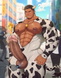 bara bara_tiddies bara_tits big_areola big_pecs bovine cow_ears cow_horns cow_print cowbell cum cumming dark-skinned_male exhibitionism gay gay_male gay_sex male male_lactation male_only masturbation milk milking muscles muscular muscular_male nipple_piercing nipples penis pierced_nipples piercing toto_(artist) touching_penis