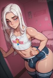 1boy abs ai_generated ass_focus athletic bedroom big_ass big_penis blue_eyes blue_shorts blush bubble_butt bulge cherrymousestreet commentary_request commission crop_top detailed_background elygordan elygordanart erection exaggerated_anatomy femboy femboy_with_bulge from_side gay half_closed_eyes hand_on_hip huge_ass hyper_proportions indoors izzy_(slutwr1ter) leaning_on_wall long_hair looking_at_viewer muscular muscular_femboy oiled_skin patreon patreon_request pink_room pixiv_commission presenting pride_bracelet rainbow_bracelet request seductive_smile shiny_skin shorts solo standing striped_thighhighs sweat tank_top thick_lips thick_thighs thighhighs twitter_username white_crop_top white_hair wide_hips wristband yaoi