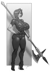 1girls breasts_bigger_than_head clothed halberd heels katrice_(furel) sketch taboolicious uniform