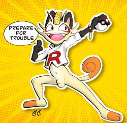 2024 anthro balls bedtime_buck clothed clothing curled_tail digital_media_(artwork) english_text felid feline flaccid generation_1_pokemon genitals hi_res male mammal meowth meowth_(bedtime_buck) nintendo open_mouth open_smile pantsless pantsless_anthro pantsless_male penis pokeball pokemon pokemon_(species) simple_background smile solo speech_bubble tail team_rocket teeth text yellow_background