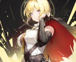 arm_strap bare_shoulders belt between_breasts black_gloves black_jacket blonde_hair breasts cape chest_harness closed_mouth clothing collared_shirt dress_shirt elbow_gloves evelyn_chevalier expressionless female female fingerless_gloves gloves hand_up harness holding holding_clothes holding_jacket jacket large_breasts looking_at_viewer mr1thonk necktie official_alternate_costume original partially_fingerless_gloves purple_eyes shirt short_hair sidelocks sleeveless sleeveless_shirt solo strap unworn_jacket upper_body white_shirt yellow_necktie zenless_zone_zero zipper